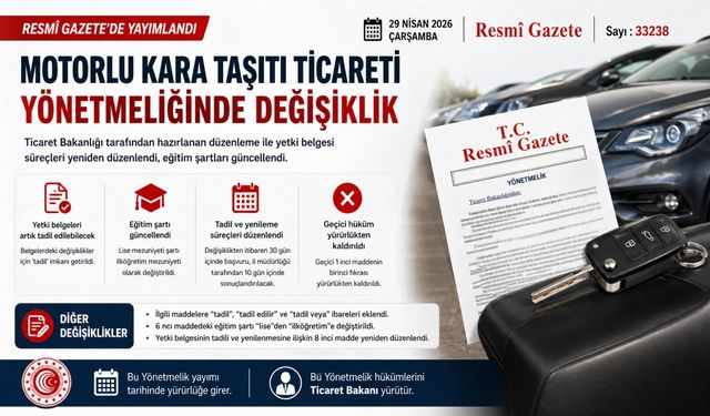 Motorlu Kara Taşıtı Ticareti Yönetmeliğinde Değişiklik Resmî Gazete’de Yayımlandı